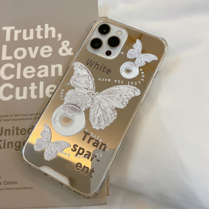 Soft Case Silikon Motif Kupu-Kupu Putih Dengan Cermin Makeup Untuk IPhone 7 8 Plus X XR XS Max 11 Pro Max 12 13 Pro Max SE 2020