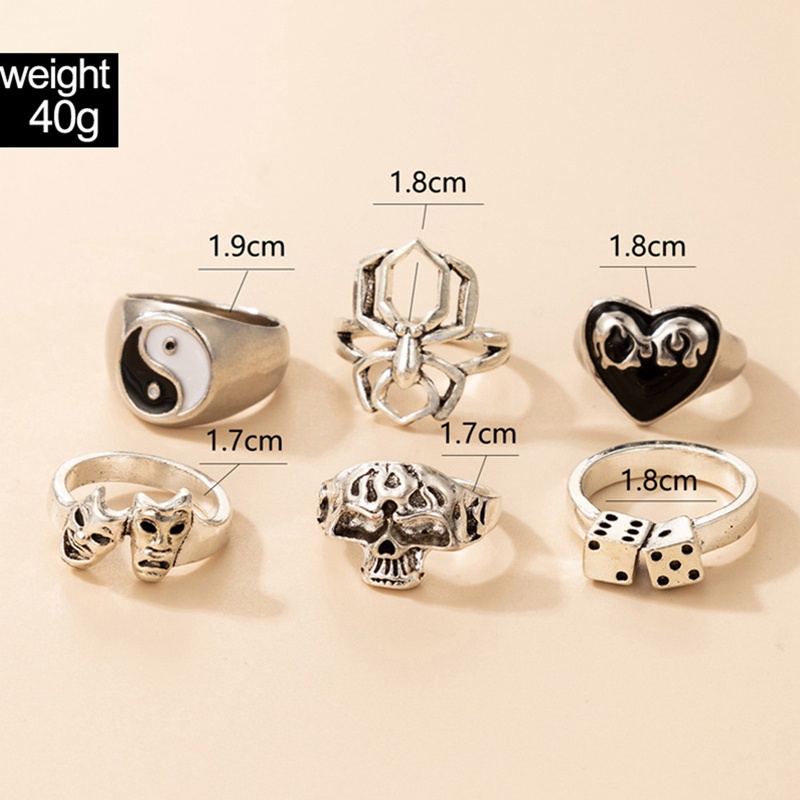 Fancyqube 6pcs / Set Cincin Model Terbuka Desain Hati Sayap Kupu-Kupu Tengkorak Gaya Punk Gothic Untuk Pria Dan Wanita