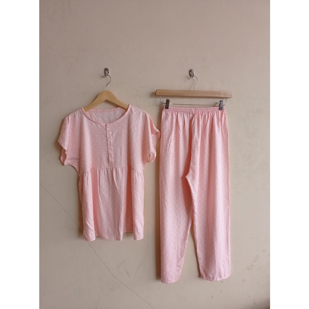 SETELAN BAJU TIDUR PIYAMA WANITA ONE SET PAJAMAS RUFFLE KANCING BUSUI CELANA PANJANG-BBR 38