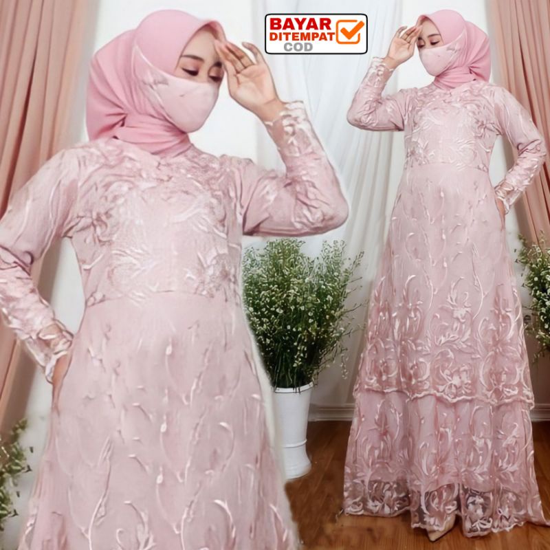 Gamis Brukat Tile Humaira L XL XXL/ Maxi Wanita /Maxi Terbaru / Maxi Muslim / Maxi Dress /-Rose Gold