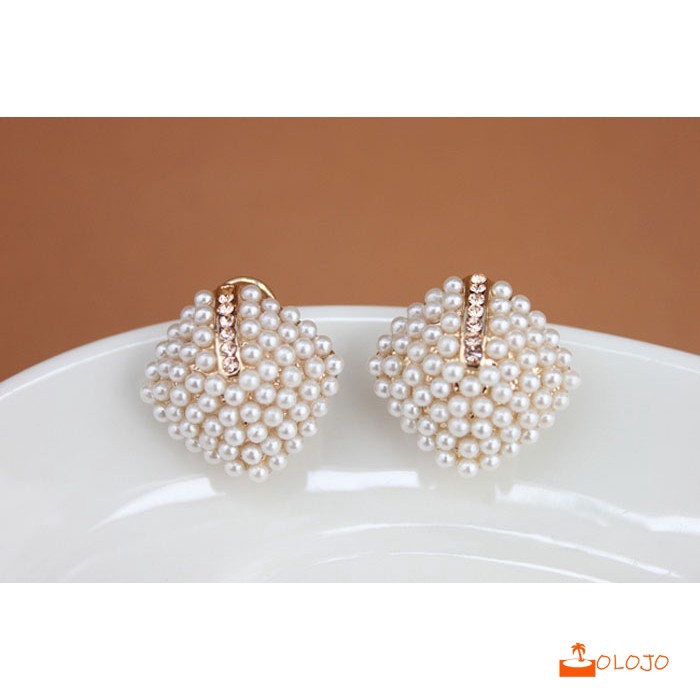 OLOJO Korea Fashion Wanita Stud Earrings Pearl Belah Anting Ketupat Kristal Berlian Imitasi Anting