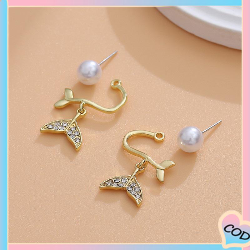 COD❤️ Pearl Fishtail Back Hanging Earrings Wanita High-end Cahaya Mewah Penuh Berlian Anting Geometris-A.one