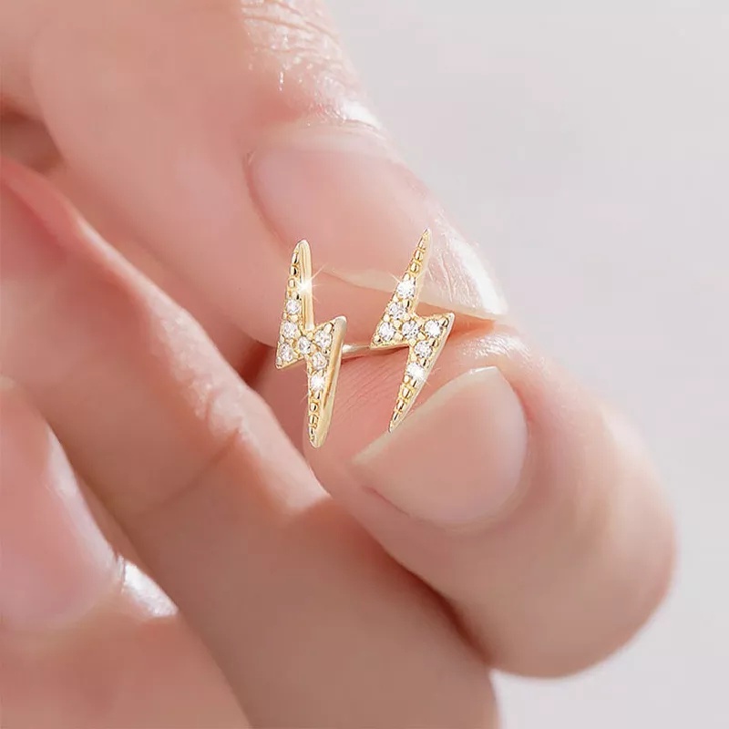 Women Korean Silver Cute Mini Lightning Zircon Stud Earrings /  Girls Personality Minimalist Alloy Studs Earrings / Ladies Simple Rhinestone Earrings / Korean INS Simple Style Studs Earrings / Party Minimalist Ear Jewelry Accessories