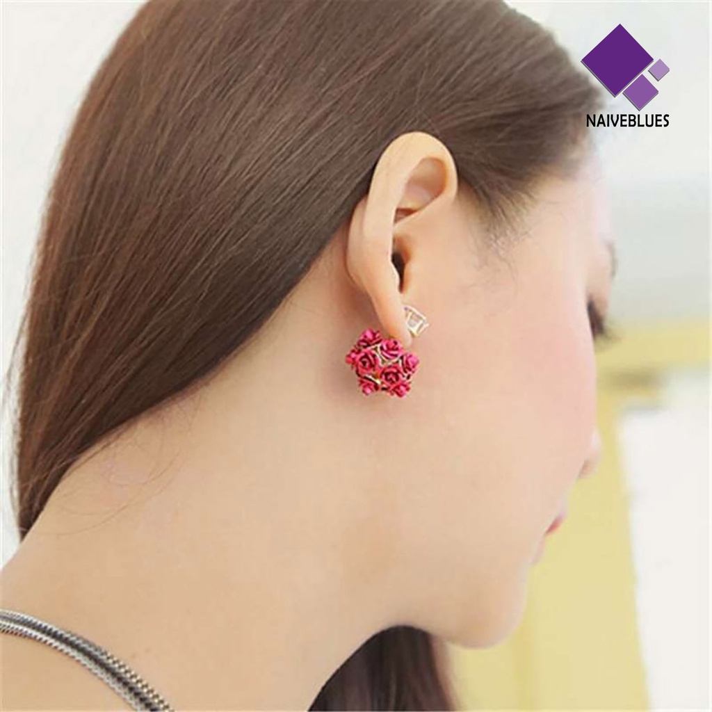 Anting Stud Bentuk Bunga Mawar Bahan Alloy Aksen Berlian Imitasi