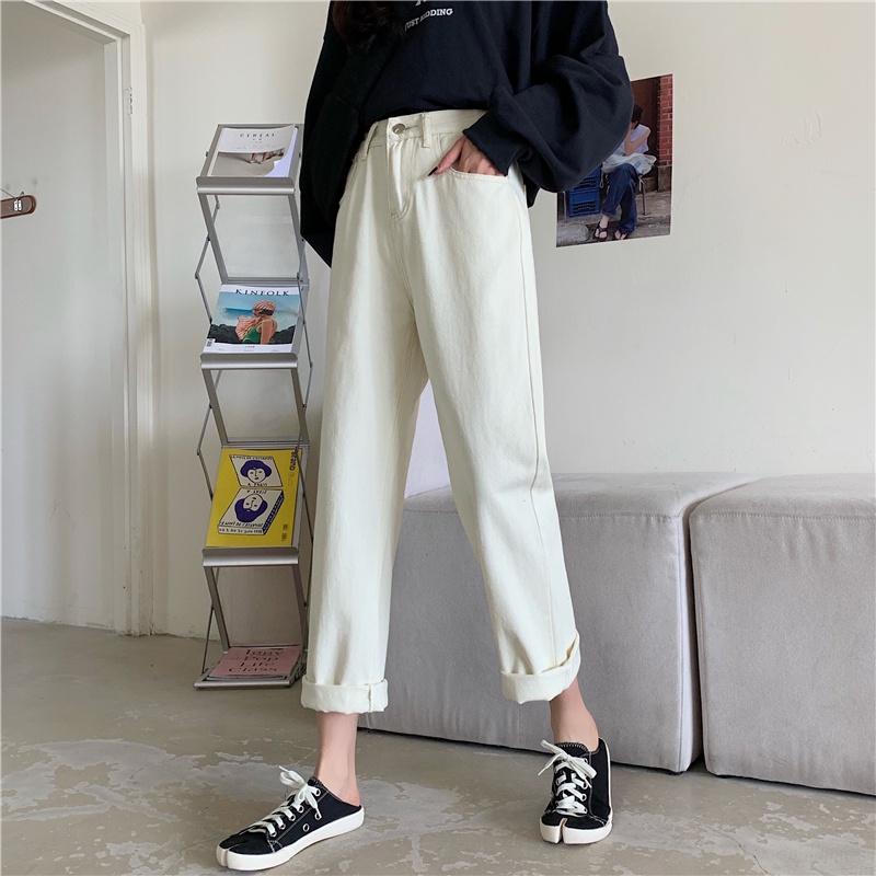 korean style new impor kualitas tinggi Kuning krem / Hitam straight vintage celana jeans panjang wanita