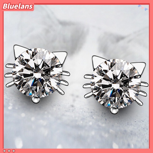 Anting Stud 925 Sterling Silver Bentuk Kucing Aksen Zirkon Untuk Perempuan