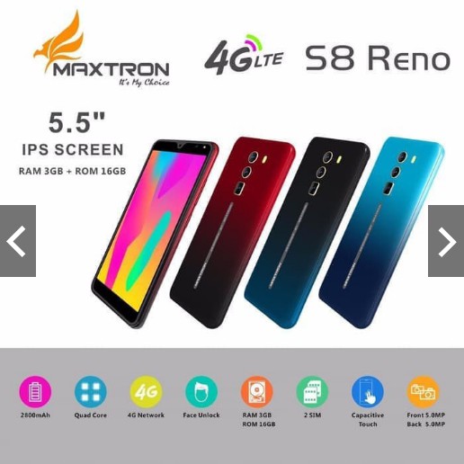 hp android termurah maxtron S8 RENO fullscreen RAM 3GB 3/16 murah garansi resmi layar lebar 5,5inc