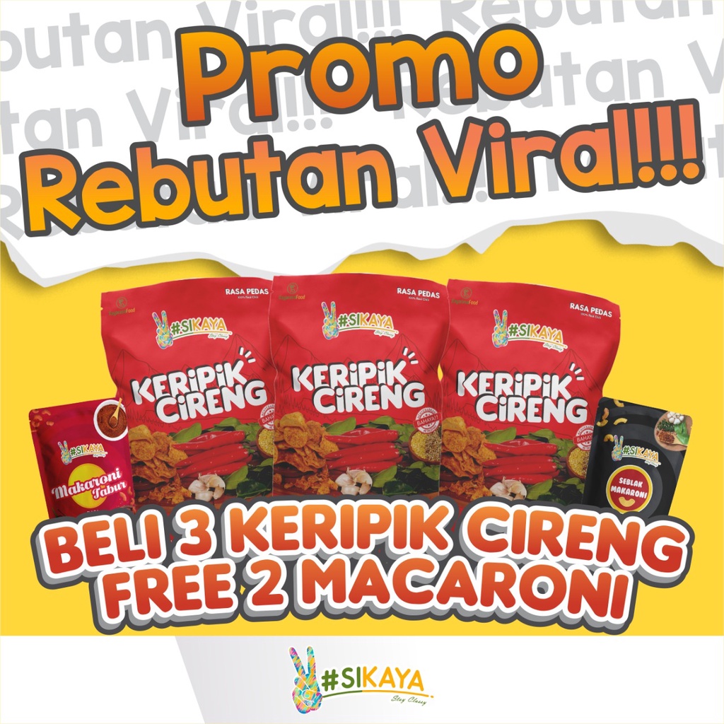 

PROMO VIRAL!! Beli 3 pcs Keripik Cireng Pedas Gratis 2 pcs Macaroni Pedas