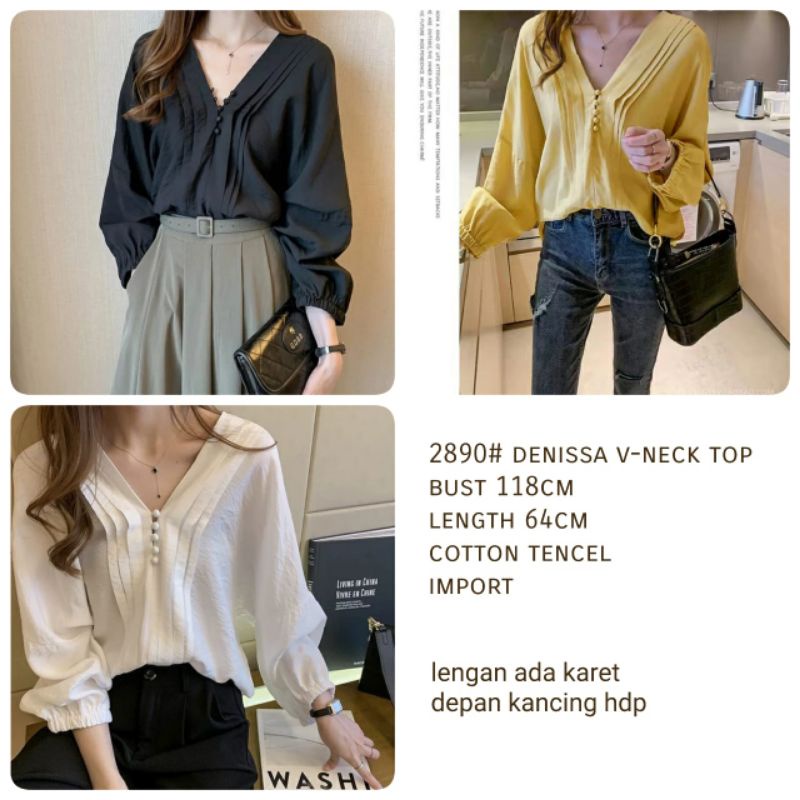 MDLV ~ 2890# Denissa V-neck Top Atasan Blouse Lengan Panjang Fashion Import