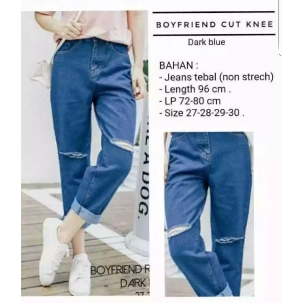 CELANA JEANS WANITA BOYFRIEND SOBEK LUTUT DARK BLUE