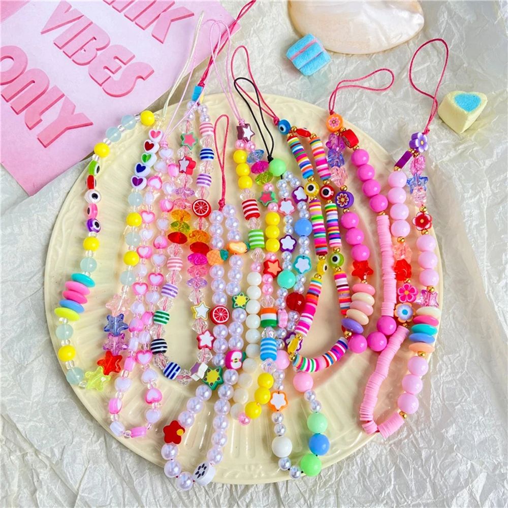 REBUY Fashion Phone Lanyard for Women Girls Acrylic Beads Mobile Phone Chain Cellphone Strap Colorful Jewelry Ins Trendy Hanging Cord Handmade Smiling Beads