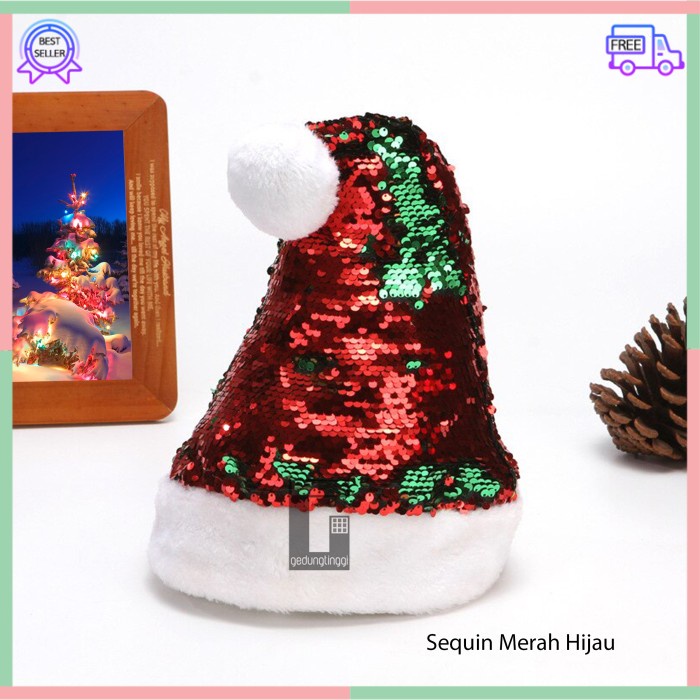 Topi Aksesoris Aksesories Asesoris Asesories Acesories Accesories Accessories Tema Pesta Acara Natal Merry Christmas Xmas Party Hat Anak Dewasa Pria Wanita Unsex Motif Santa Claus Sequin Payet Reversible Bolak Balik Dua Warna Merah Hijau Emas Gold Allsize