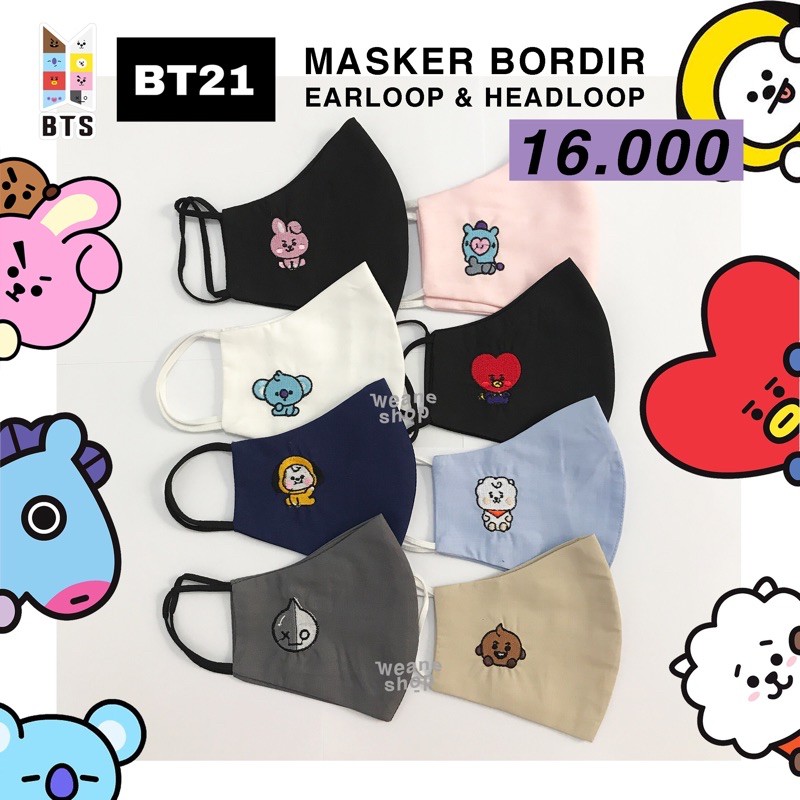 BT21 MASKER KAIN BORDIR BTS 3 LAPIS EARLOOP / HEADLOOP LUBANG FILTER KATUN TATA CHIMMY RJ KOYA COOKY