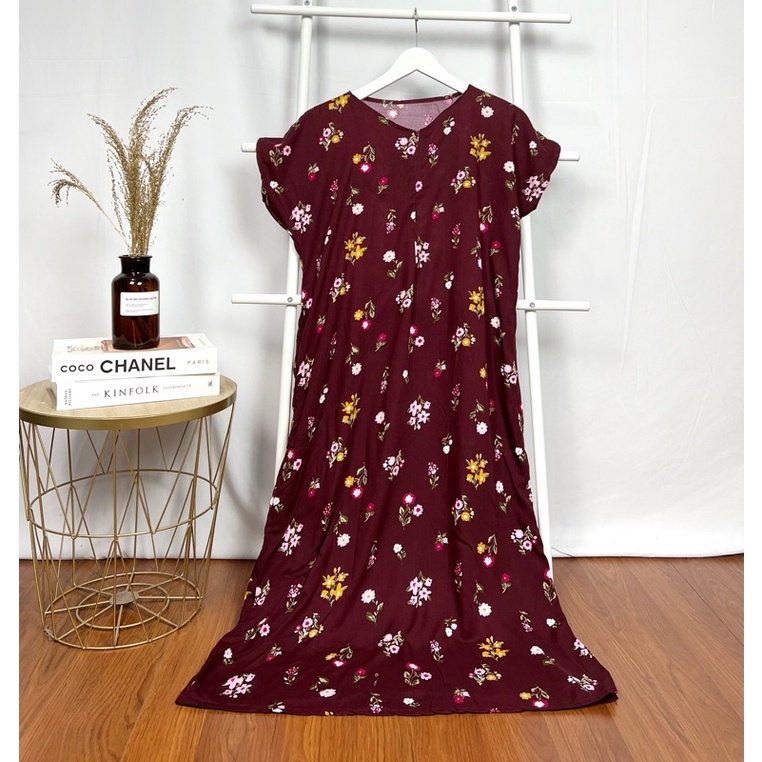 daster long semata kaki, daster panjang viral kekinian, daster rayon busui terlaris-Long Flower maroon