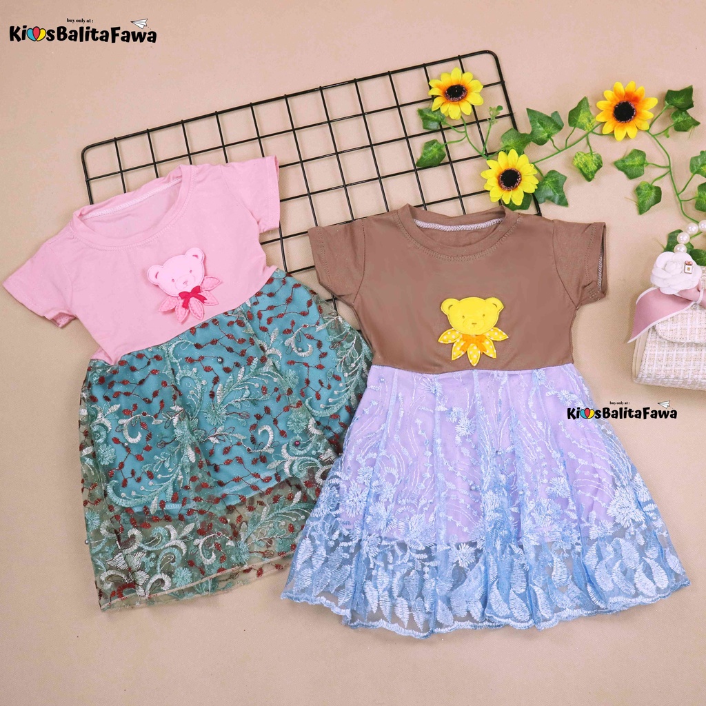 Tsana 1-3 Tahun Dress Brokat Anak Perempuan Model Tsana Lengan Pendek untuk Usia 1-3 Tahun, Gaun Pes