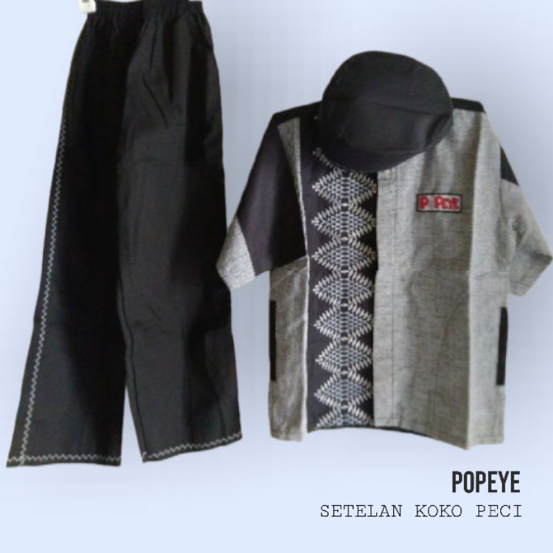 Setelan Koko Popeye + Peci Pendek dan Panjang Anak Umur 3-5 Tahun Murah | Baju Anak Muslim Murah.
