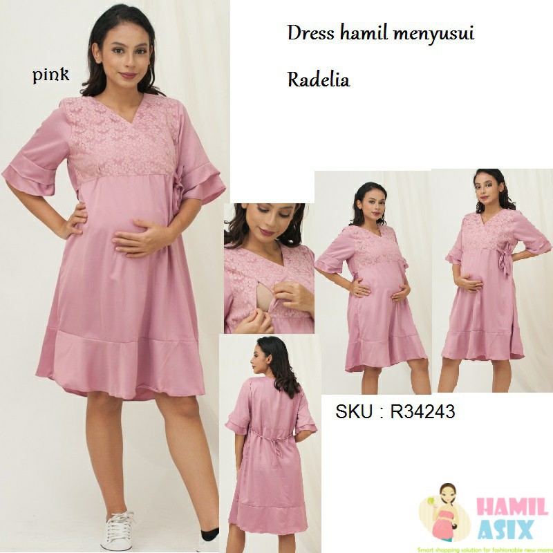 Radelia – Dress hamil menyusui Venice midi pendek 3/4 pesta brokat Biru/ Hitam/ Marun/ Abu/Pink/Moka