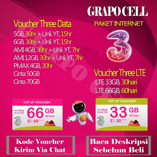 VOUCHER PAKET INTERNET THREE LTE 66GB 33GB | AON ...