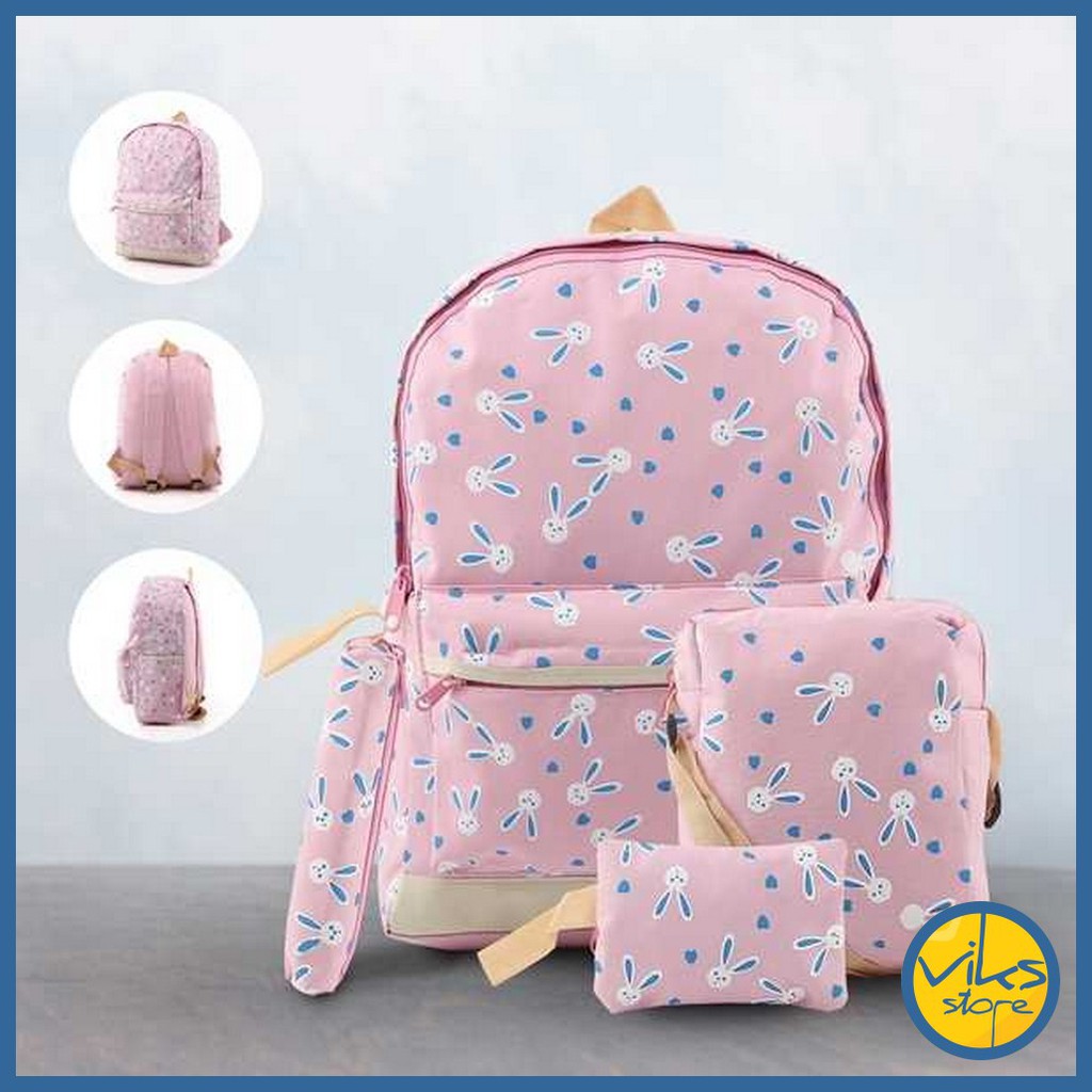 Tas Sekolah Anak Perempuan Cewek Tas Punggung | Tas Ransel | Backpack Premium 4In1 Pink Lucu Simple