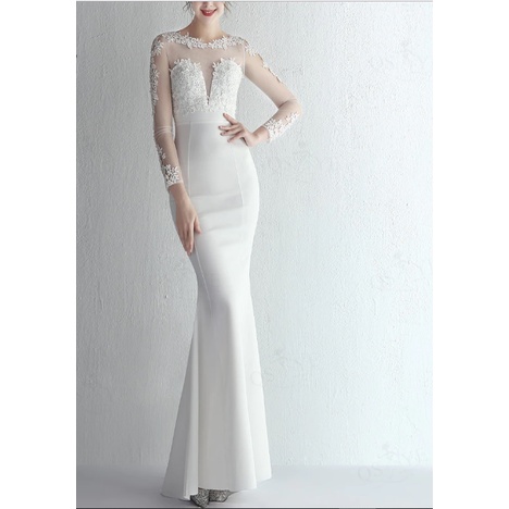 Gaun Pengantin Putih 2022 Gaun Pengantin Putri Duyung Leher Sendok Elastis Applique Wanita Renda Pen