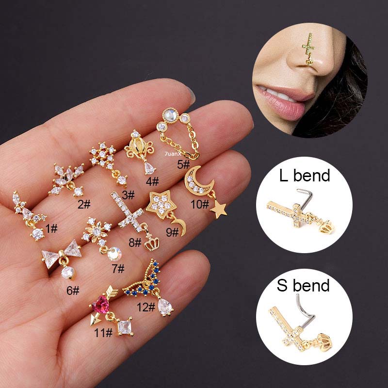 1pc Anting Tusuk Hidung Bentuk L Bengkok Bahan Stainless Steel Dengan Zircon