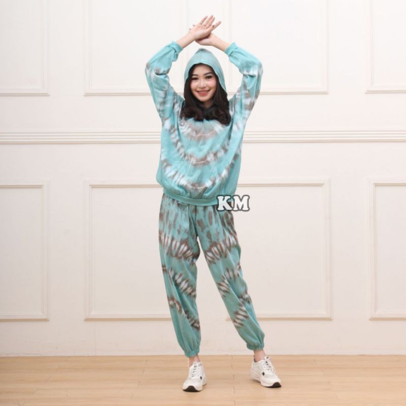 Setelan CP Sweater Hoodie Tiedye Set Celana Joger One Set Tiedye Fashion Baju Wanita Kekinian-Hoodie lurik Tosca