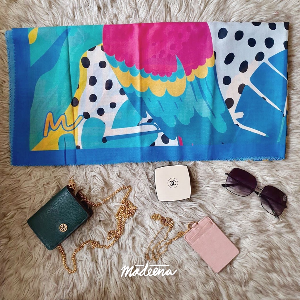 Madeena Hijab Voal Premium Limited Blue Summer Bird Jilbab Motif Kerudung Fashion