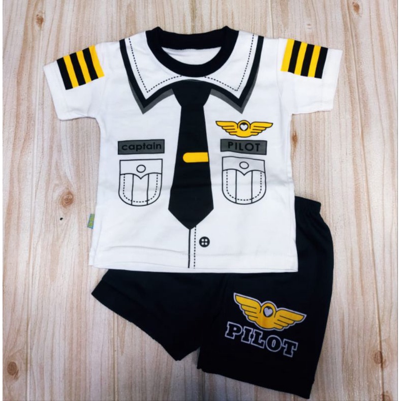 BEST SELLER SETELAN BAJU BABY LAKI LAKI MOTIF PROFESI CAPTAIN PILOT, USIA ANAK 3 BLN-2 TAHUN BISA