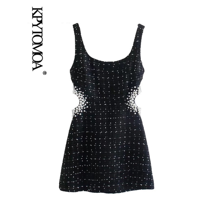 KPYTOMOA Women Fashion With Pearl Beads Hollow Out Tweed Mini Dress Vintage Backless Zipper Wide Str