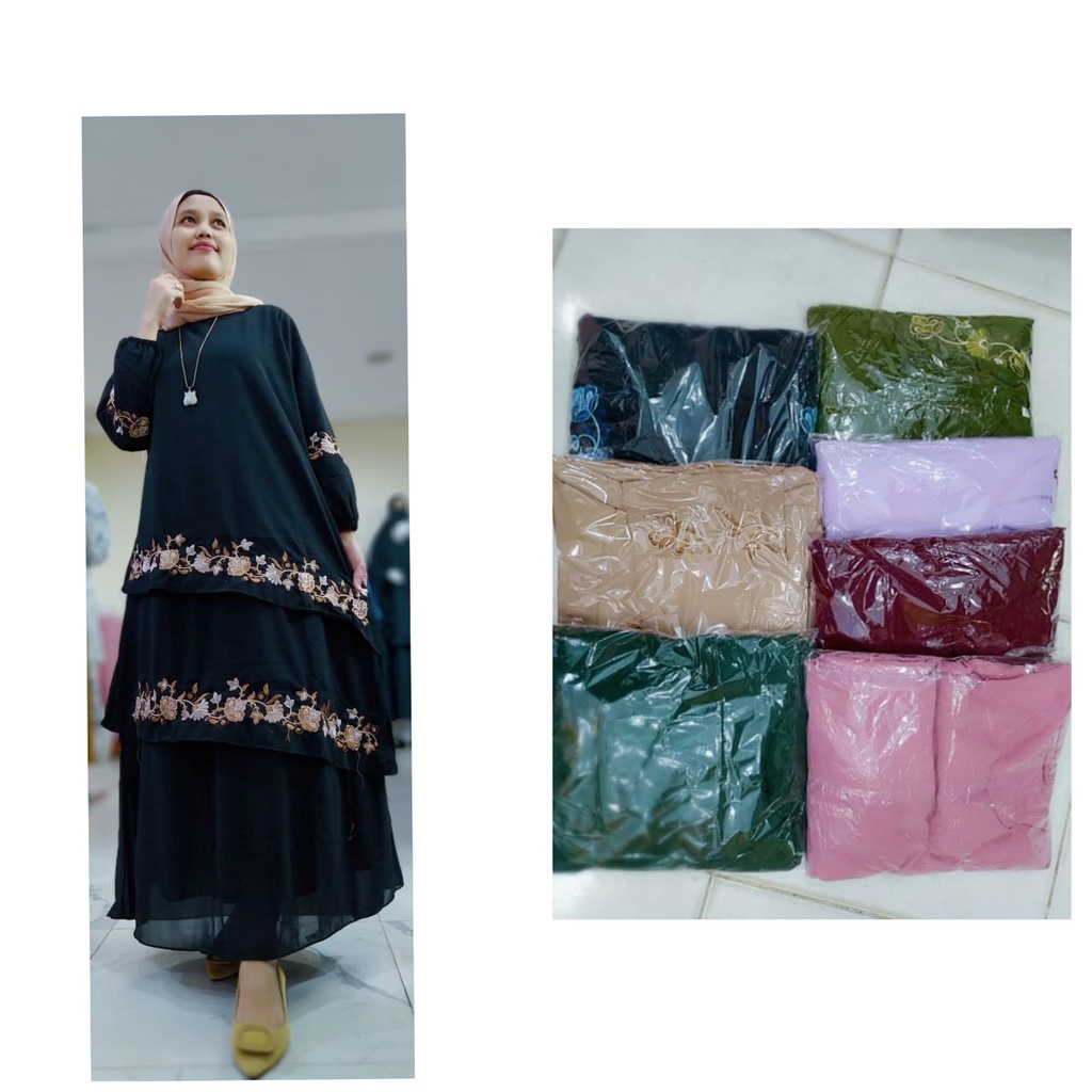 Gamis Malaysia Ceruty tingkat dua,motif bordir bunga