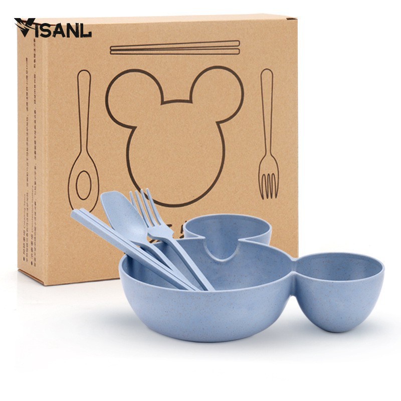 Mangkok Set Peralatan Makan Anak 4 in1Bahan Jerami Gandum Children Tableware Piring Kartun VS-25-Biru