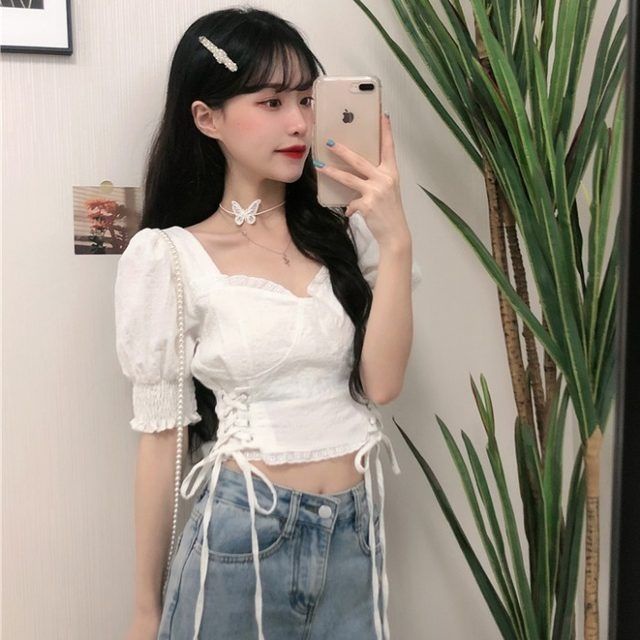 Shifon blus Serut crop top wanita renda crochet puff lengan kemeja pendek