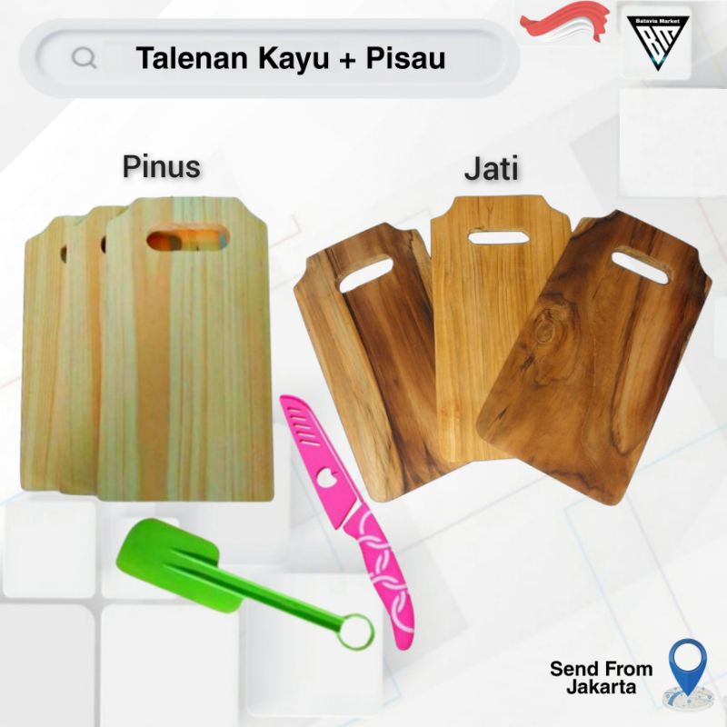 Talenan Kayu/ Tatakan Kayu Pinus dan Jati + Pisau Sarung (Bonus Solet Plastik)