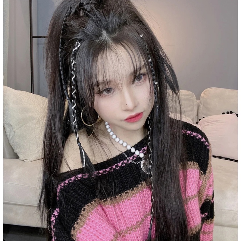 Papaozhu 2PCs Trendy Perak Bintang Hati Kupu-Kupu Pesona Rumbai Rantai Mengepang Rambut Ekstensi Potongan Y2K Gaya Warna-Warni Rambut Gimbal Wig Kepang Untuk Wanita Perempuan