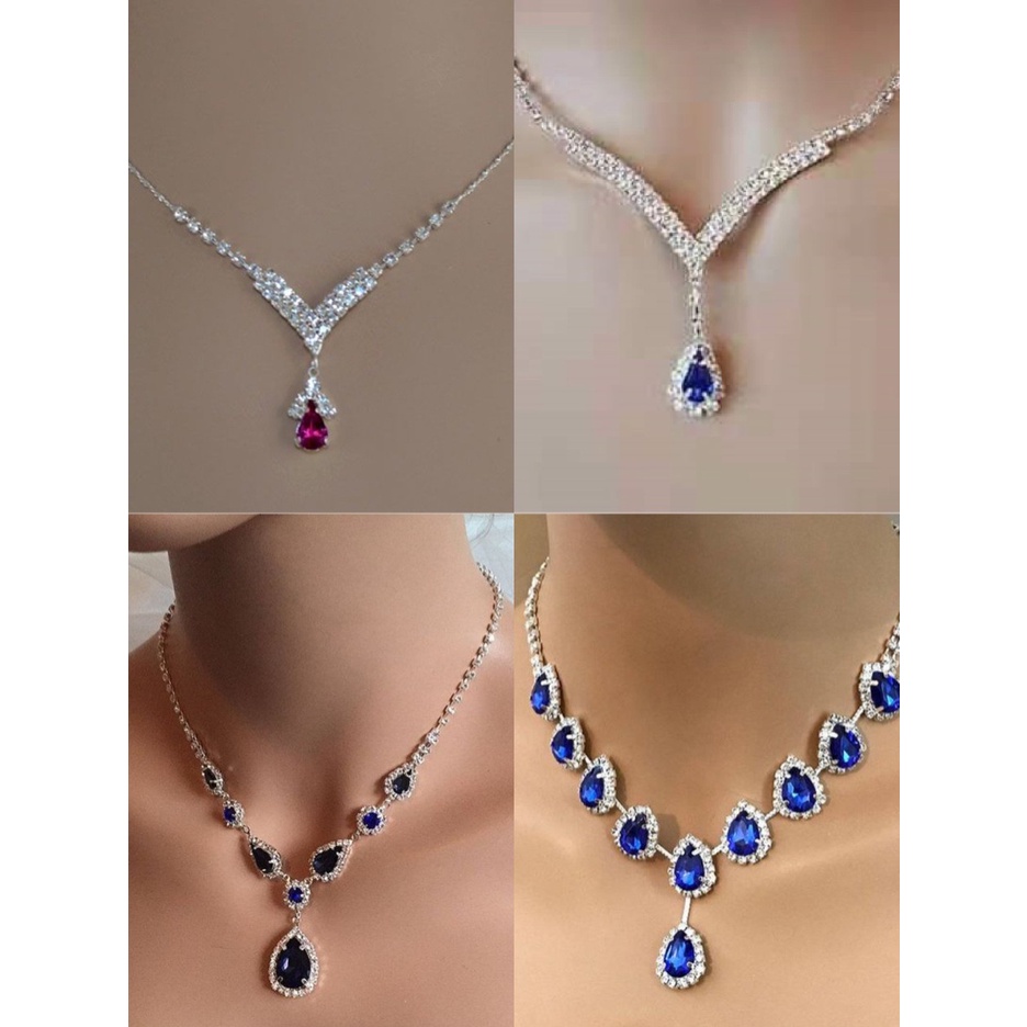 Kalung Bahan Stainless Steel Aksen Zircon Warna Biru Untuk Wanita