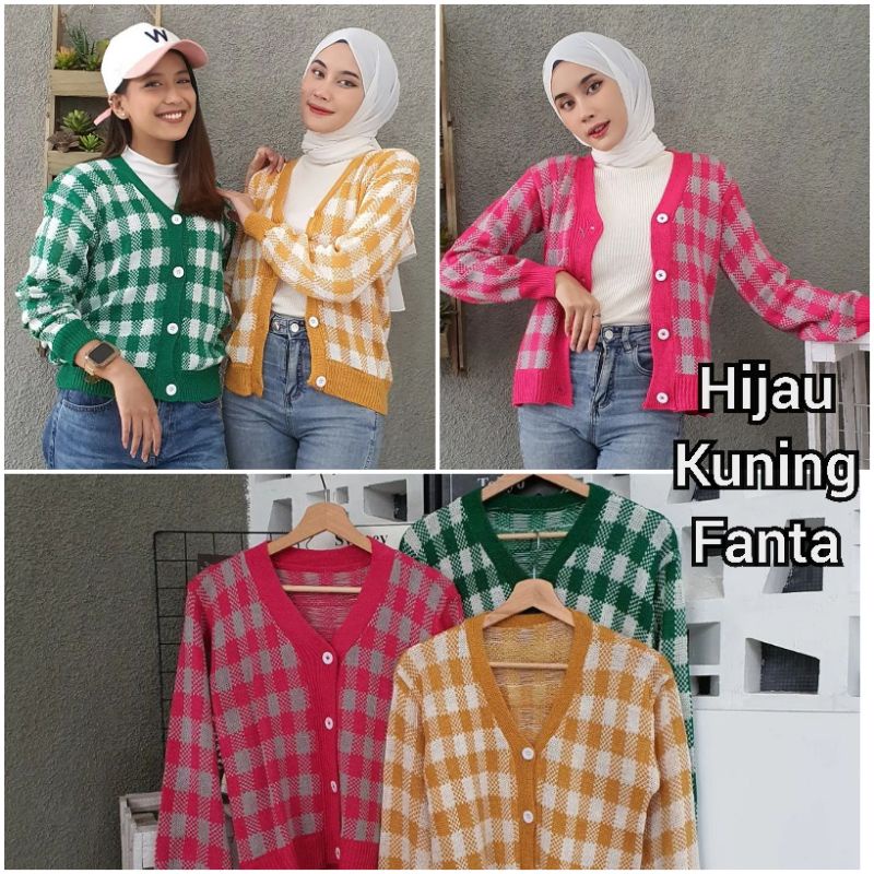 jollie fanta cardigan gemas/cardigan warna cerah/cardigan pink fanta/cardigan kotak kotak cewe