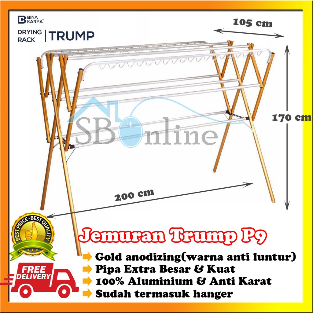 Jemuran Aluminium Gold Jumbo Trump Panjang 2 M 9 Palangan Kokoh Hanger