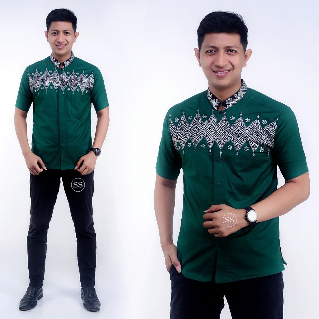 baju koko atasan muslim pria warna hijau botol asli batik veldanava pekalongan