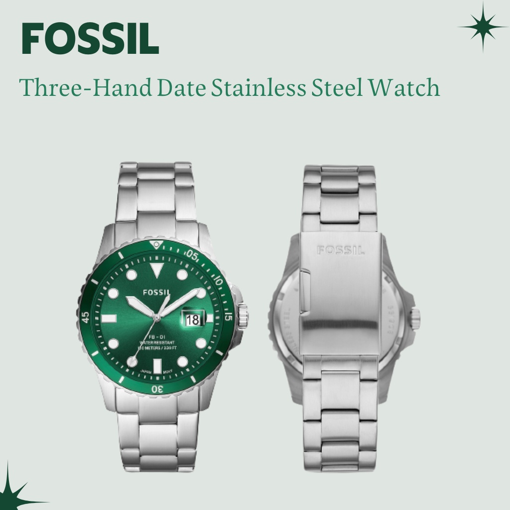 Jam Tangan Pria FS5670 Men Green Dial Stainless Steel Strap Original