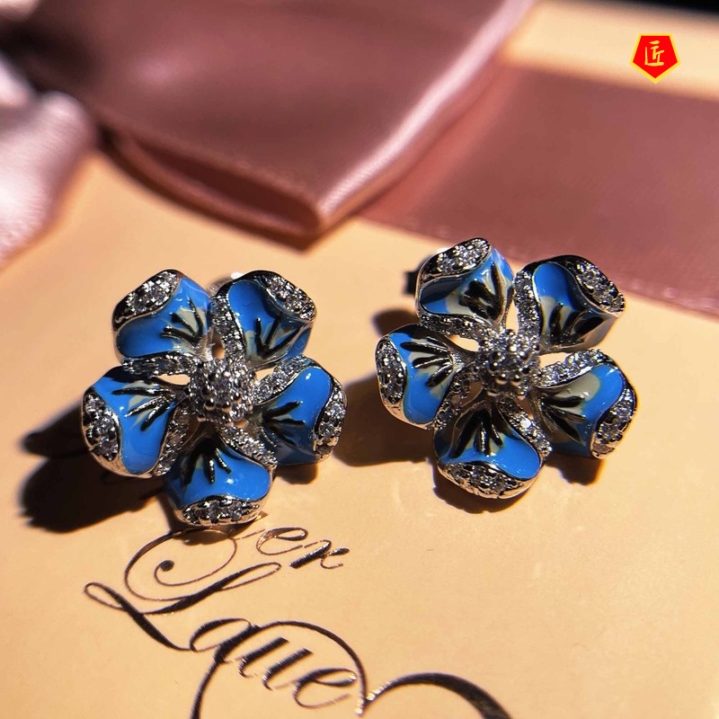 [Ready Stock]New Blue Flower Stud Earrings Fairy Design Sense