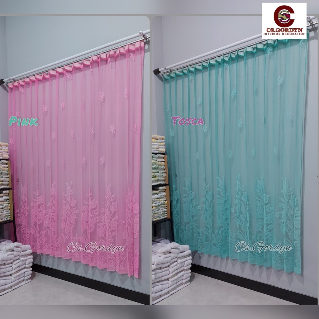 Gorden Vitrase bunga tulip pink dan tosca tirai puring siang