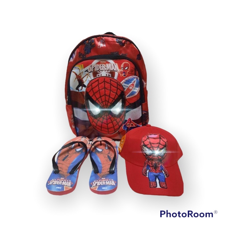 3in1 tas spiderman led tas sekolah anak tk paud+topi led+sandal