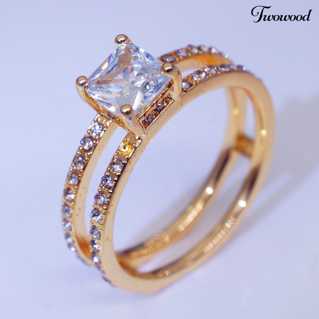 Cincin Berlian Imitasi Model Double Layer Bentuk Persegi Untuk Wanita