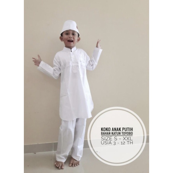 SETELAN  BAJU KOKO PUTIH KURTA PAKISTAN LENGAN PANJANG ANAK-ANAK  BAHAN POLIN By A&J