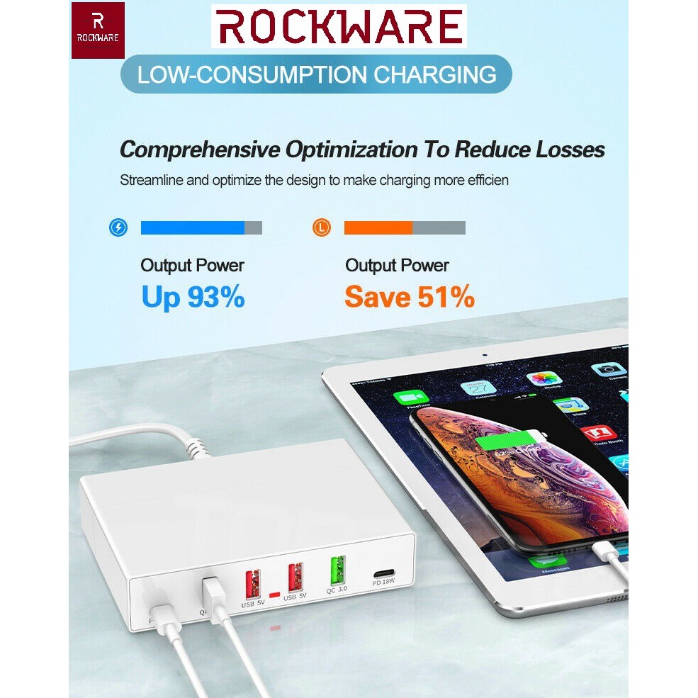 ROCKWARE X5 - 4 USB Port and 2 PD 18W Port Charging Station - 72W - Charger Multiport Up to 6