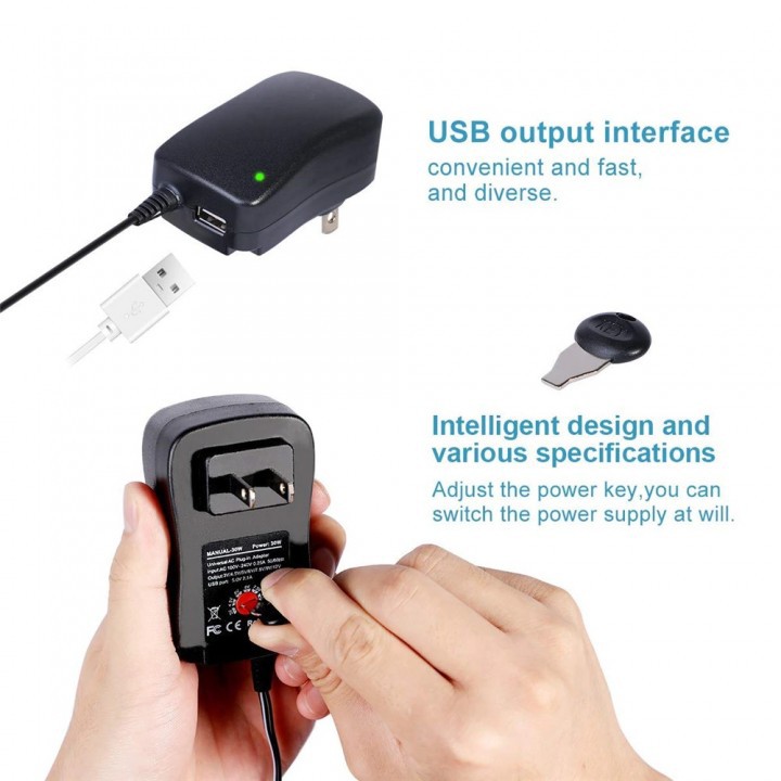 Universal AC Plug In Adjustable Adapter 30W with 2.1A Single USB Port