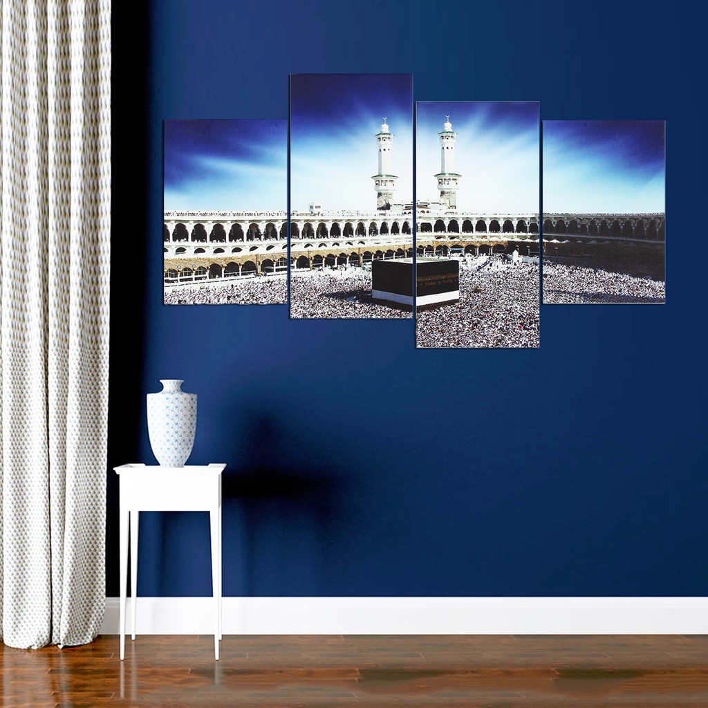 High Quality Oeasy 4 Panel Wall Art Print Islamic Kaaba Hajj Mecca Muslim Blue Canvas Decor Shopee Indonesia