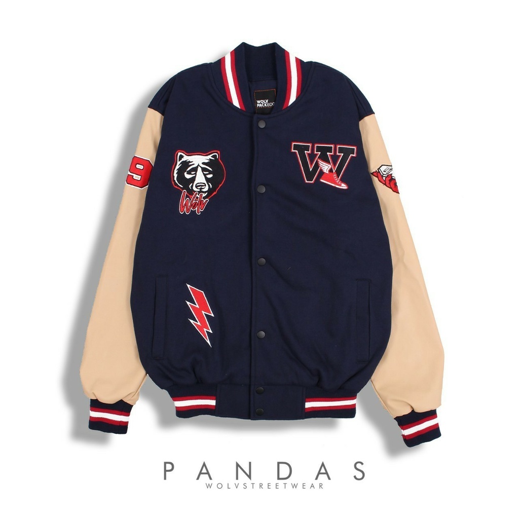 Wolv Varsity Jaket Leathee Native / Jaket Baseball Bahan Kulit Oscar