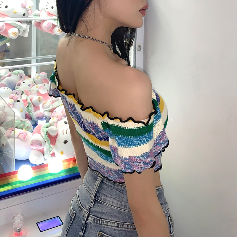 #Sisjuly# Lisa girl bm wind lucu rainbow striped one-shoulder T-shirt wanita