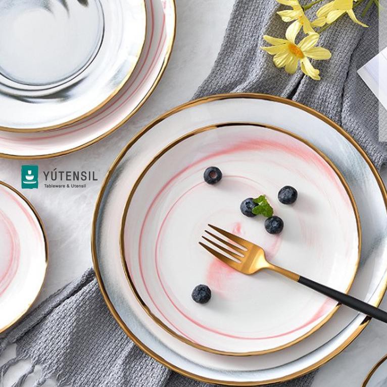 Piring Makan Keramik  Motif Marmer  / Western Marble  Rim Plate Bowl B4Z4